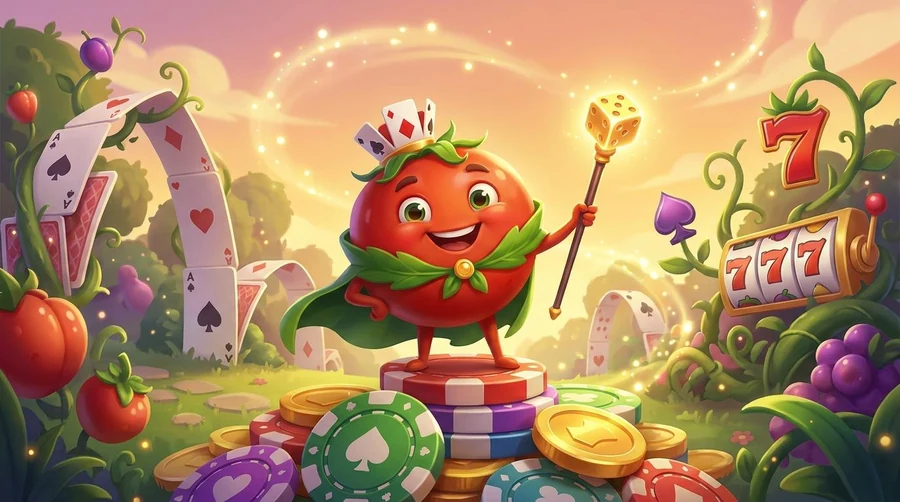 Wintomato Casino — la mascotte tomate avec des cartes, des jetons et un rouleau de machine